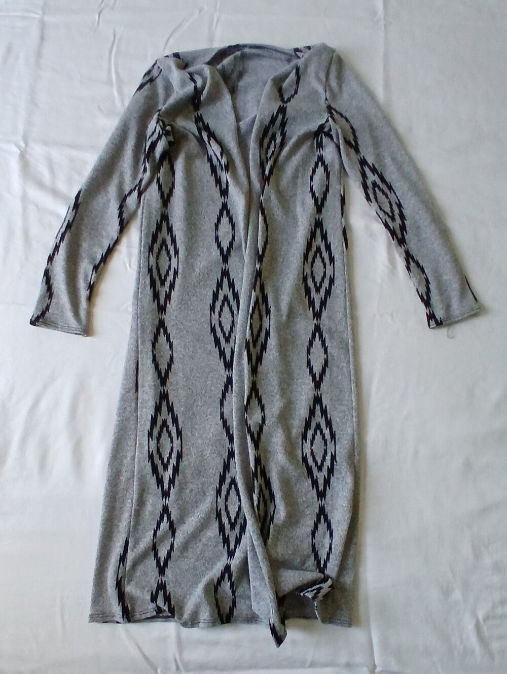 Gray Long Open Front Aztec Cardigan Sweater